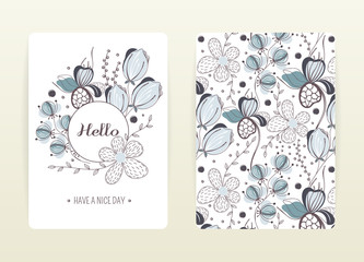 Cover design with floral pattern. Hand drawn creative flowers. Colorful artistic background with blossom. It can be used for invitation, card, cover book, notebook. Size A4. Vector illustration, eps10