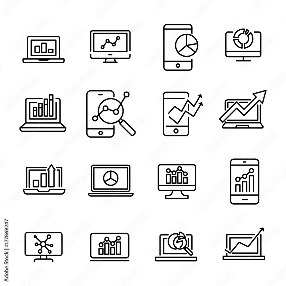 Poster simple collection of web analytics related line icons.