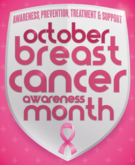 Shield with Precepts and Pink Ribbon for Breast Cancer Month, Vector Illustration
