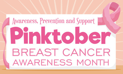 Sign and Pink Ribbon for Pinktober and Breast Cancer Month, Vector Illustration