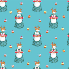 Christmas seamless pattern with the image of cute woodland animals. Vector background.