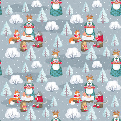Christmas seamless pattern with the image of cute woodland animals. Vector background.