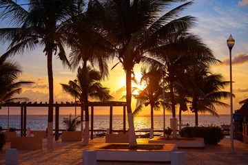 Fototapeten Riviera Maya sunrise beach palm trees © lunamarina