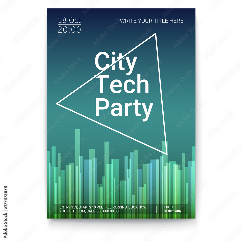 Poster vector template of poster, design layout for brochure, banner, flyer. mock-up of city techno party e