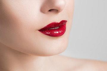 Beautiful female lips closeup. Red lipstick. Stock Photo Cosmetic Advertising