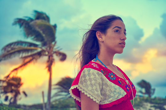 Mexican Girl Embrodery Dress At Sunset