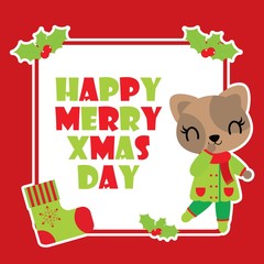Cute cat girl and red berry frame vector cartoon illustration for Christmas card design, wallpaper and greeting card 
