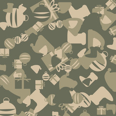 Green and beige Christmas camouflage with images of gifts, Christmas socks and Christmas balls. Can be used as background and backdrop for illustrations or computer wallpaper © Ko_Te