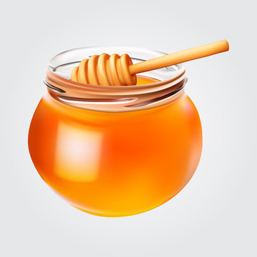 Realistic Honey Jar With Honey Dipper. Vector Icon.