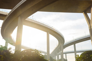 The architecture bridge with blue sky and sunset in the evening at Bangkok Thailand.