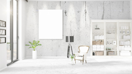 Fashionable modern loft interior with empty frame and copyspace in horizontal arrangement. 3D rendering.