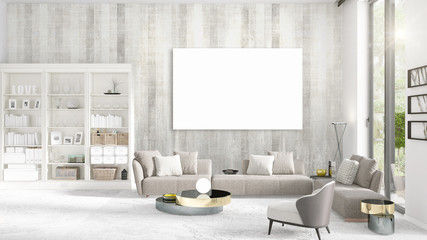 Fashionable modern loft interior with empty frame and copyspace in horizontal arrangement. 3D rendering.