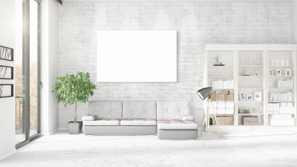 Fashionable modern loft interior with empty frame and copyspace in horizontal arrangement. 3D rendering.
