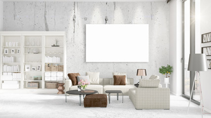 Fashionable modern loft interior with empty frame and copyspace in horizontal arrangement. 3D rendering.
