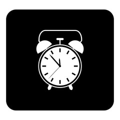 Vector icon alarm clock. Vector white illustration on black background