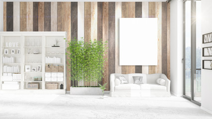Fashionable modern loft interior with empty frame and copyspace in horizontal arrangement. 3D rendering.