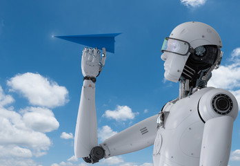 robot holding paper plane