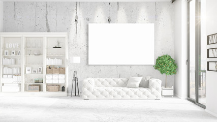 Panoramic view in interior with white leather couch, empty frame and copyspace in horizontal arrangement. 3D rendering.