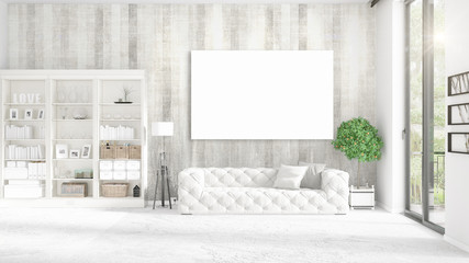 Panoramic view in interior with white leather couch, empty frame and copyspace in horizontal arrangement. 3D rendering.