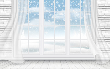 Winter landscape view through big window decorated white transparent curtains. Interior with light wooden floor and white brick wall.