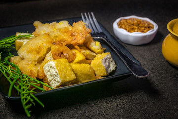 Fried tofu with bean Sauce and vegetable on dark background