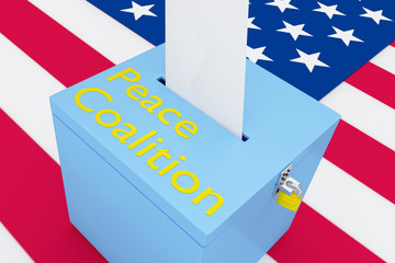 Illustration of peace coalition script on a ballot box with US flag