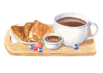 Watercolor hand drawn cup of coffee with french crepes, chocolate serving and berries on wooden tray, delicious breakfast, food design, illustration on white background