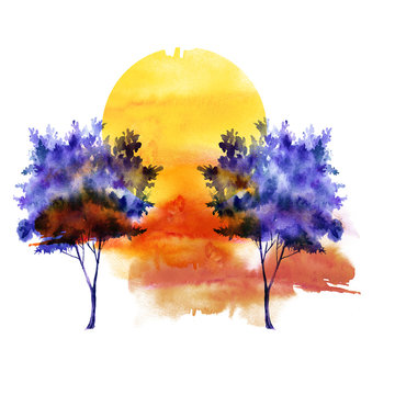 Blue, purple silhouette of trees against the background of sunset, sunrise,
red, yellow sun. Vintage illustration. Watercolor landscape, forest