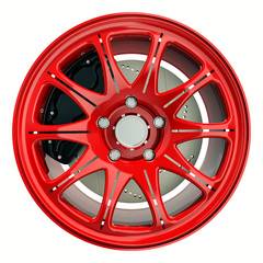 Obraz premium 3D render of a red aluminium car wheel and black brake disc isolated on white background
