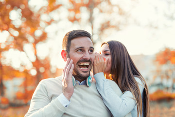 Fototapeta premium Happy couple in love having fun outdoors and smiling.