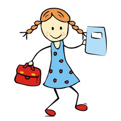 Girl with satchel and exercise book, happy kid, vector illustration