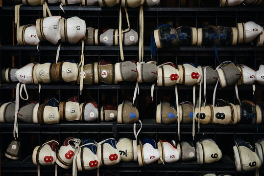 Rack filled with bowling shoes