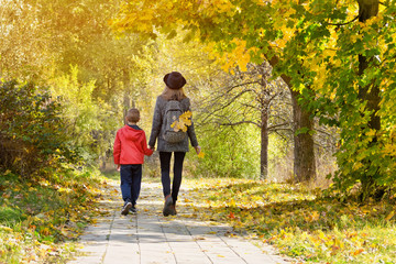 Obraz premium Mom and son are walking in the autumn forest. View from the back