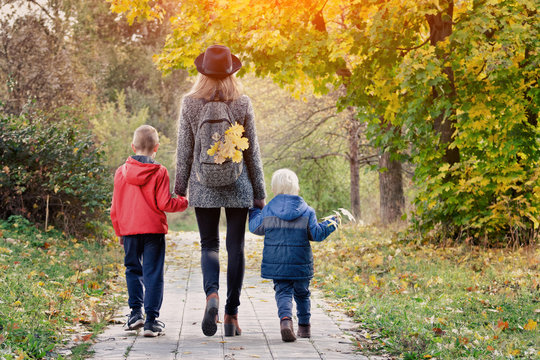 Mom And Her Two Sons Are Walking In The Autumn Forest. View From The Back