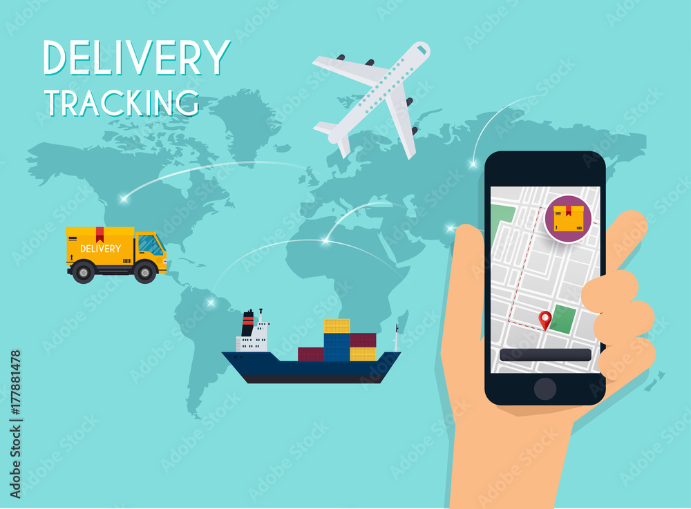 Aufkleber hand holding mobile smart phone with app delivery tracking. vector modern flat creative info graphic