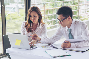 Businessman and Businesswoman work business planning, Teamwork for Success organization. Selective focus.