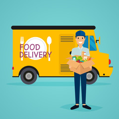 Delivery man and track. Food delivery. Flat design modern vector illustration concept.