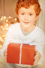 Adorable kid holding his precious christmas present