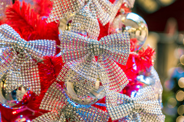 Christmas decorations on the branches of fir tree