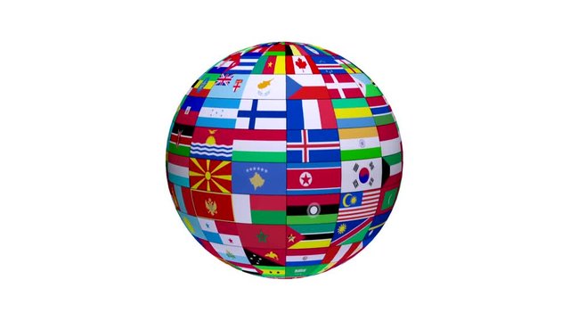 Looping and rotating globe with all world countries flags with white background