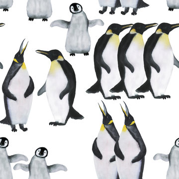 Watercolor painting penguin seamless pattern
