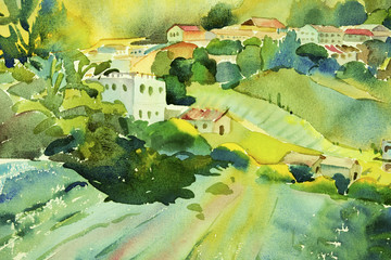 Watercolor painting village view on hill mountain