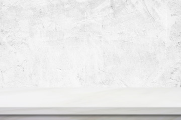 Empty white marble table over green cement wall background, banner, product display montage