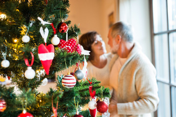 Senior couple decorating Christmas tree at home.