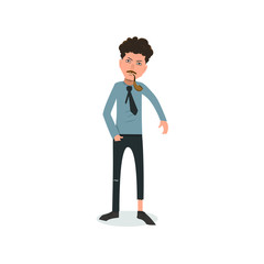 Exhausted and completely wiped out cartoon guy in casual clothes, gesturing. Vector illustration. Modern flat design.