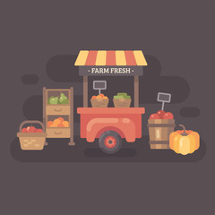 Farmers market stand with fruits and vegetables. Autumn sale flat illustration