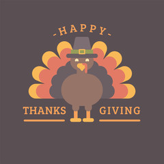 Happy Thanksgiving. Turkey in a hat flat illustration. Holiday greeting