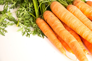 Fresh carrots with leaves, on white background