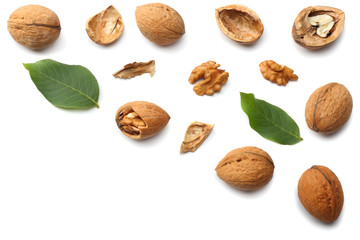 Walnuts isolated on a white background. top view