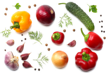 mix of sliced cucumber, garlic, sweet bell pepper and parsley isolated on white background. top view